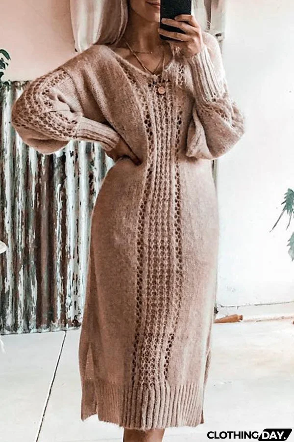 Solid Color V-neck Slit Sweater Dress