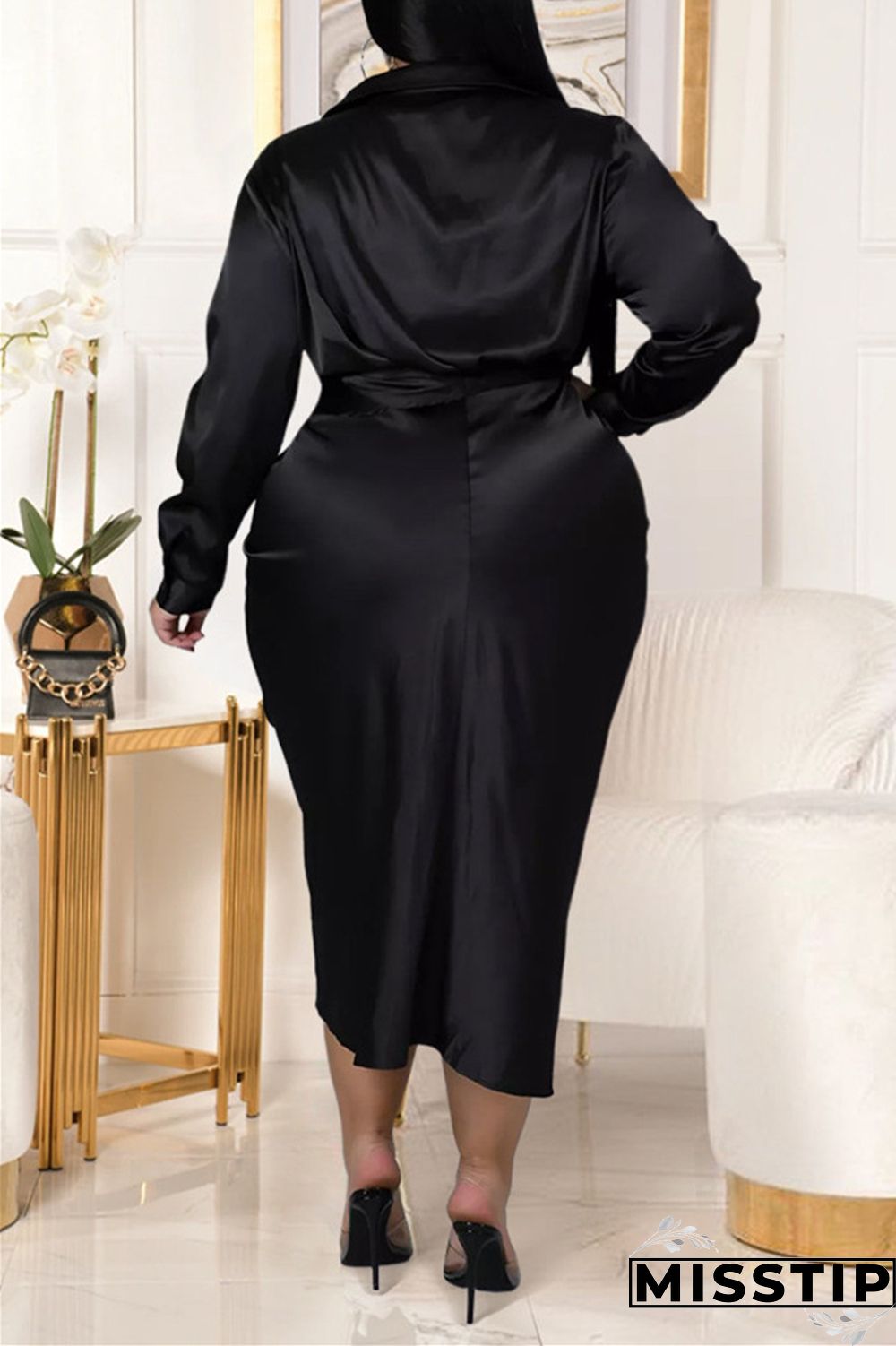 Black Fashion Casual Solid With Belt Turndown Collar Long Sleeve Plus Size Dresses
