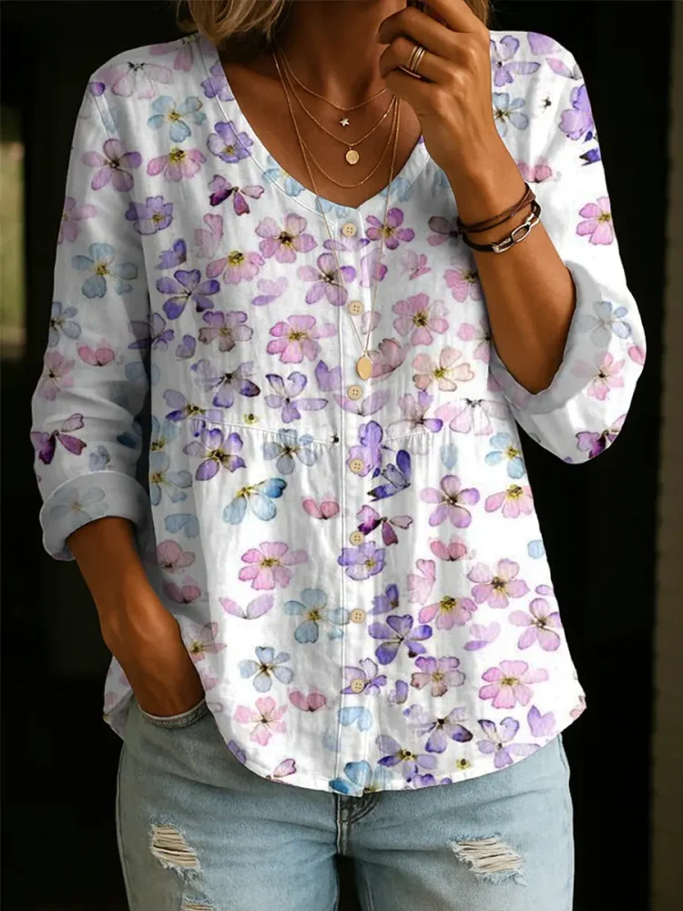 Women's Floral Pattern Art Print Casual Cotton Shirt