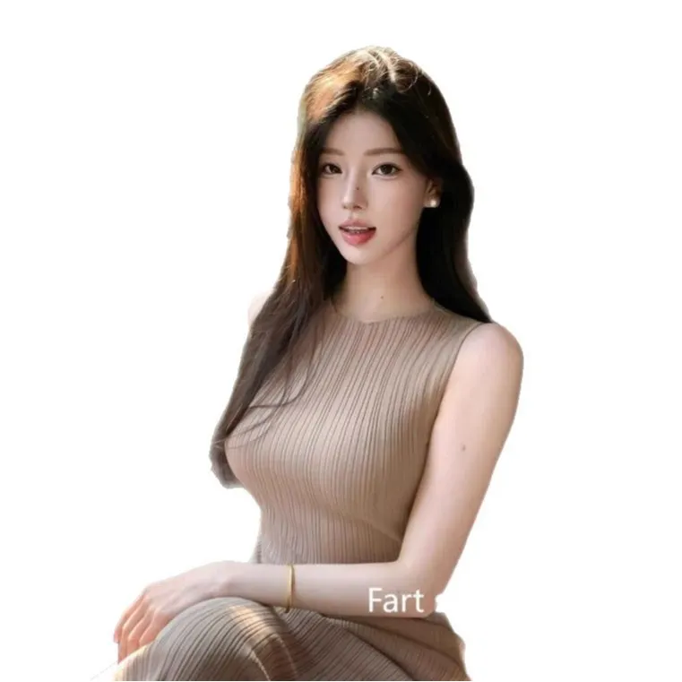 Uveng Uveng Temperament-Sleeveless Vest Dress Women's Summer Hottie Tight Knitted Long Dress Open Pocketed Ass Skirt