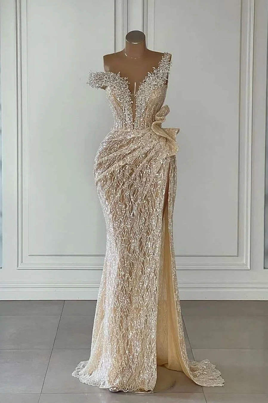 Unique Desiugn Beaded Gold Prom Dress Mermaid With Slit | Ballbellas Ballbellas