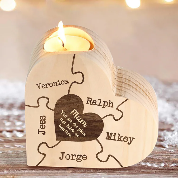 5 Names-Personalized Heart-Shape Candlestick Mother's Day Gift Wooden Custom Candle Holder For Mum