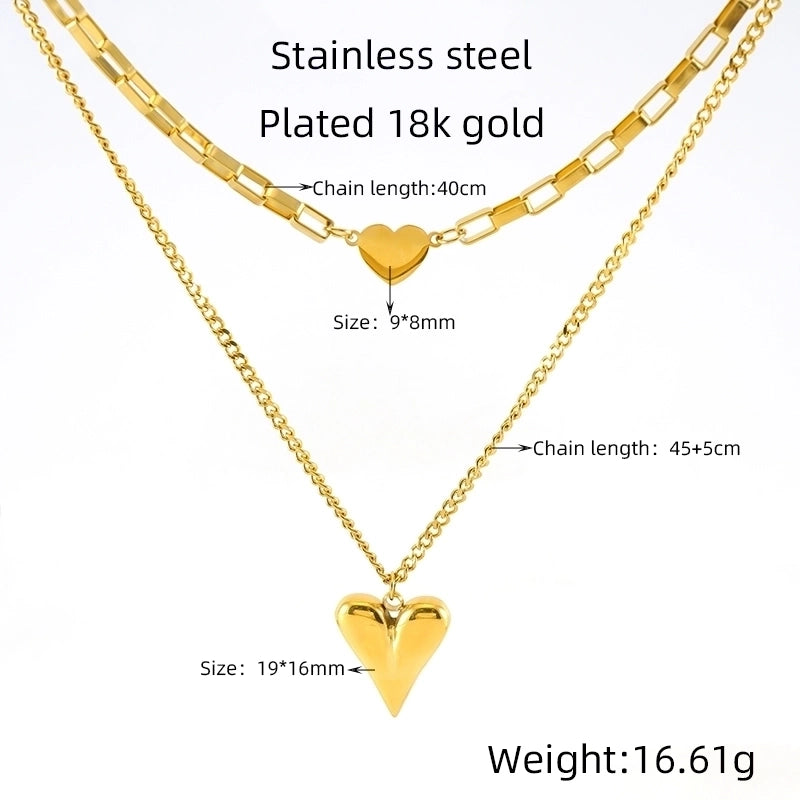 304 Stainless Steel 18K Gold Plated Minimalist Plating Heart Shape Double Layer Necklaces