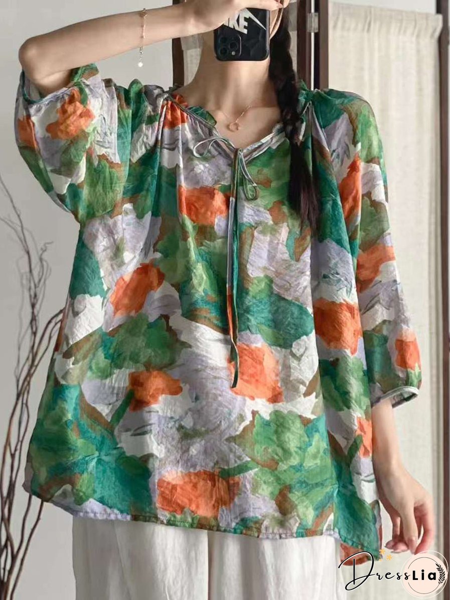 Women Summer Artsy Floral Drawstring Lacework Loose Shirt