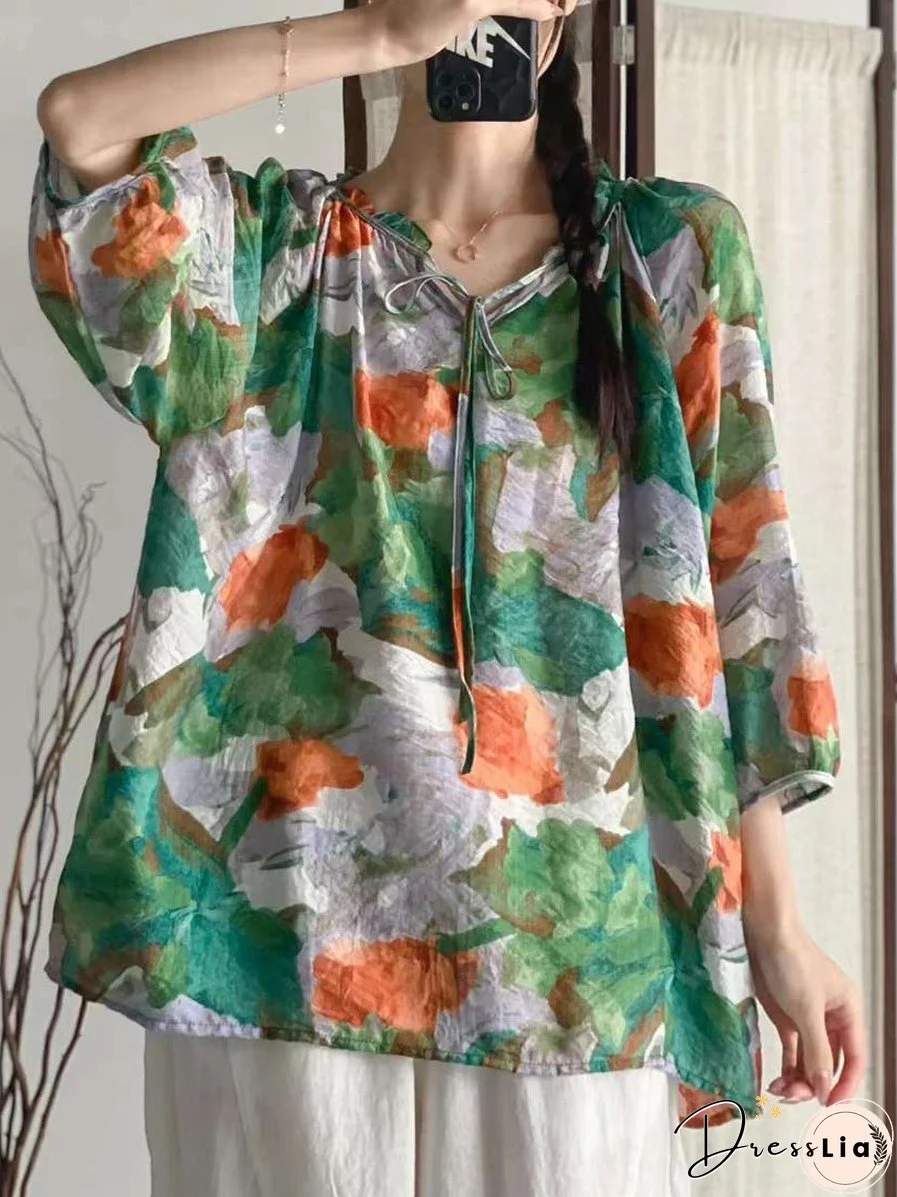 Women Summer Artsy Floral Drawstring Lacework Loose Shirt