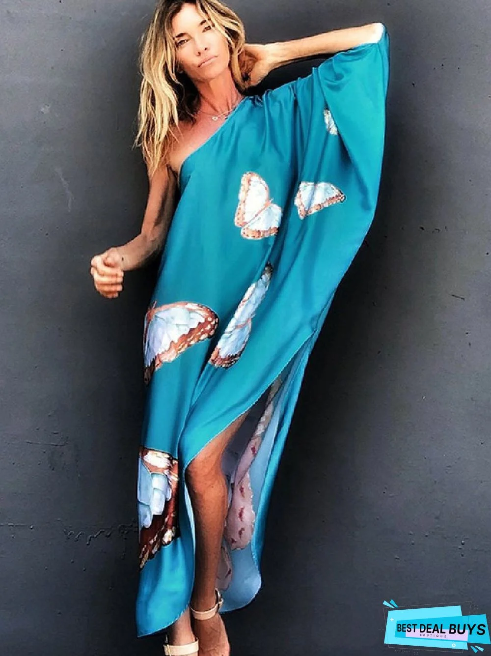 Loose Print Shoulder Beach Holiday Sunscreen Dress Europe and America Commuting Irregular Dress