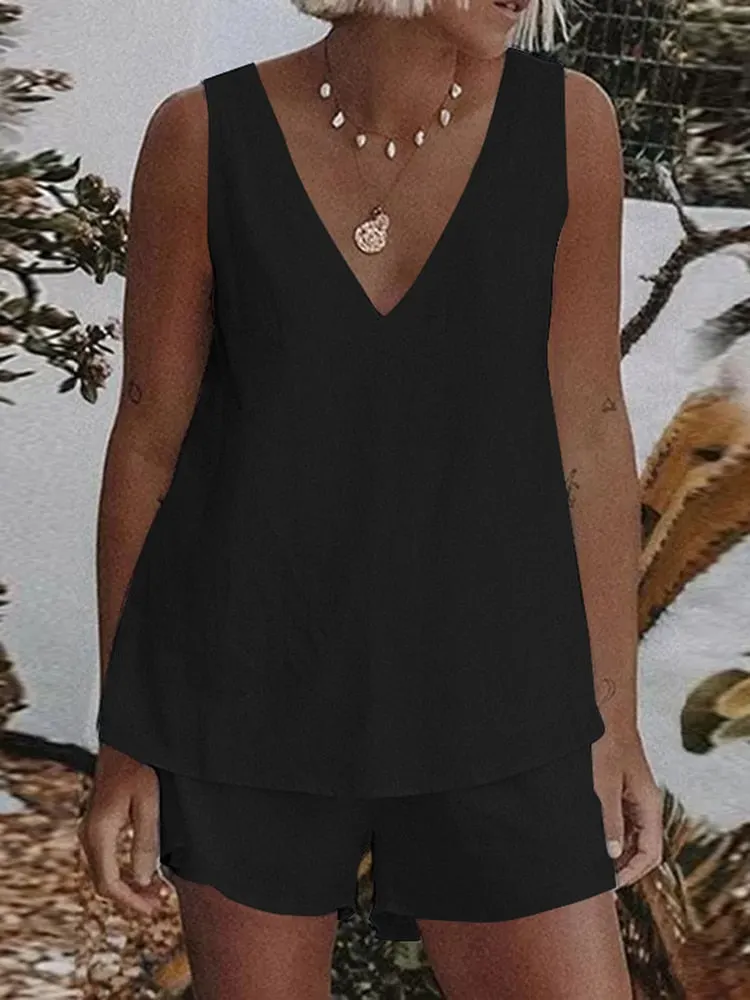 ZANZEA Summer Matching Sets Women Casual Sleeveless Short Sets Solid Tanks Tops and Shorts 2PCS Loose Cotton Suits Home wear