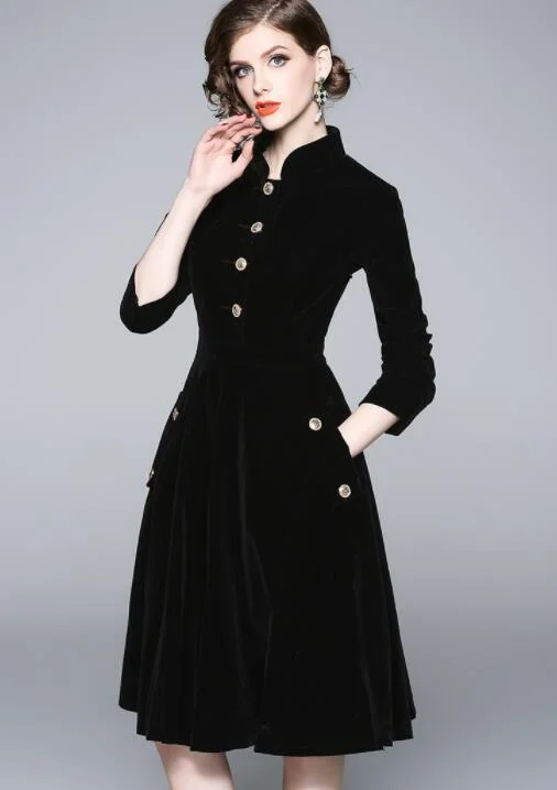 Solid Black Woman Velvet Dress Winter Stand Collar Ladies A-Line Thick Dresses Slim Knee Dress Women Office Lady Outer Dresses