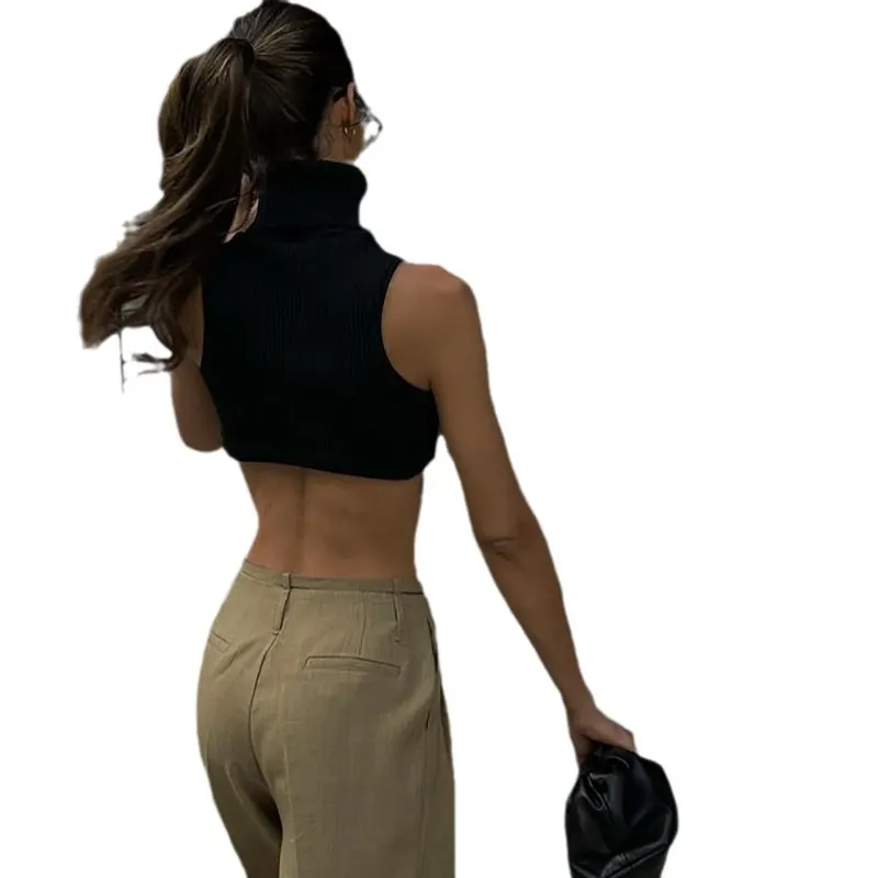 Churchf Churchf Summer New Slim Small Vest Vertical Grain High Collar Open Back Tight Top Direct Sales