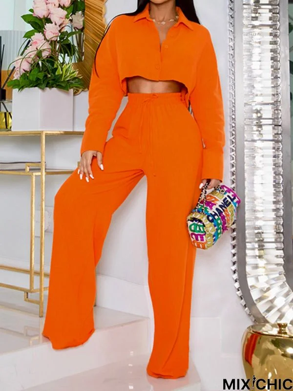 Solid Color Long Sleeves Blouse + Drawstring Elasticity High-Waisted Wide-Leg Pants Trousers Two Pieces Set