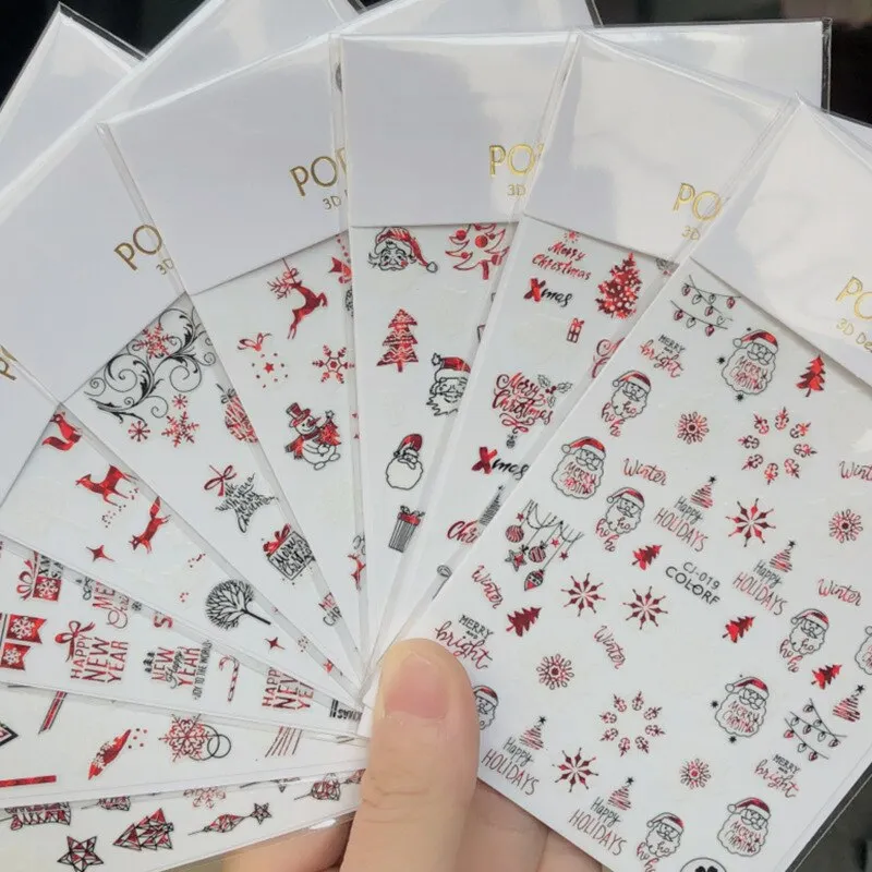1PC 3D Nail Stickers Christmas Self-Adhesive Slider Sparkly Gold Red Snowflake Nail Art Decorations Decals Manicure Accessories-Nail Inspo