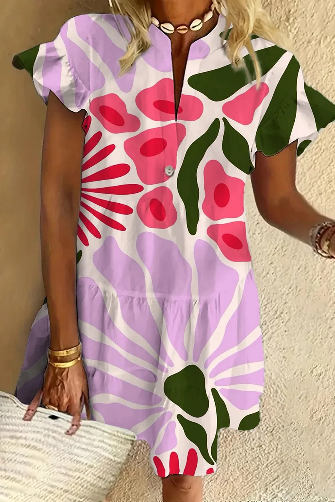 Color Flower Ruffled Short-sleeved V-neck Buttoned Dress Vacation Beach Dress