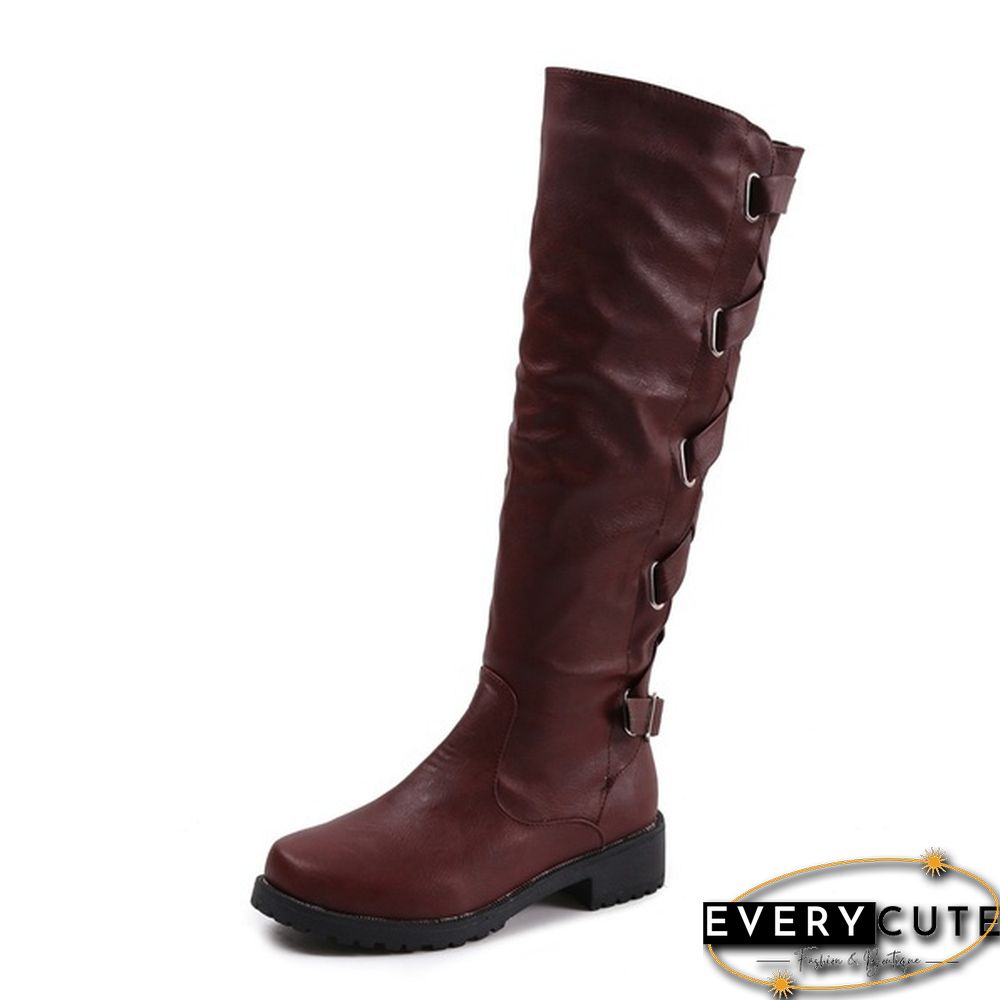 Women Winter Low Heel Belt Buckle Riding Leather Boots Knee High Cowboy Boots (Please Choose A Larger Size)