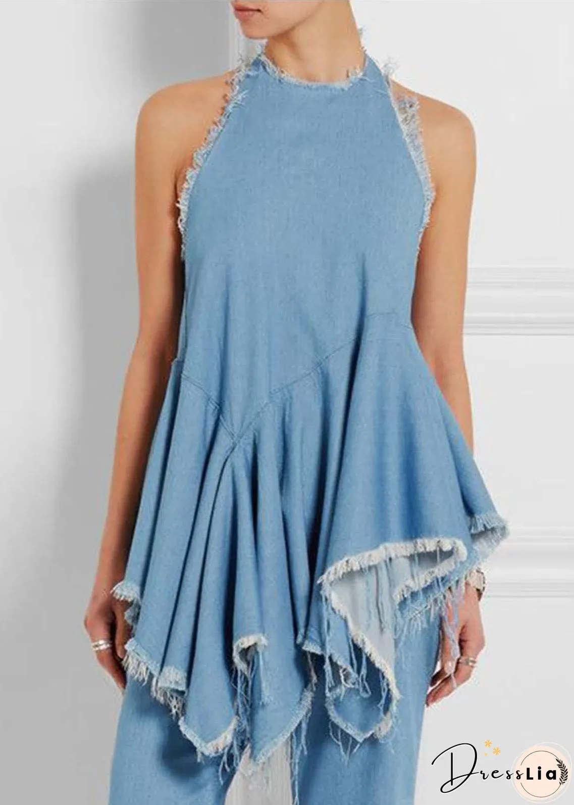 Style Blue Asymmetrical Design Exra Large Hem Denim Vests Sleeveless