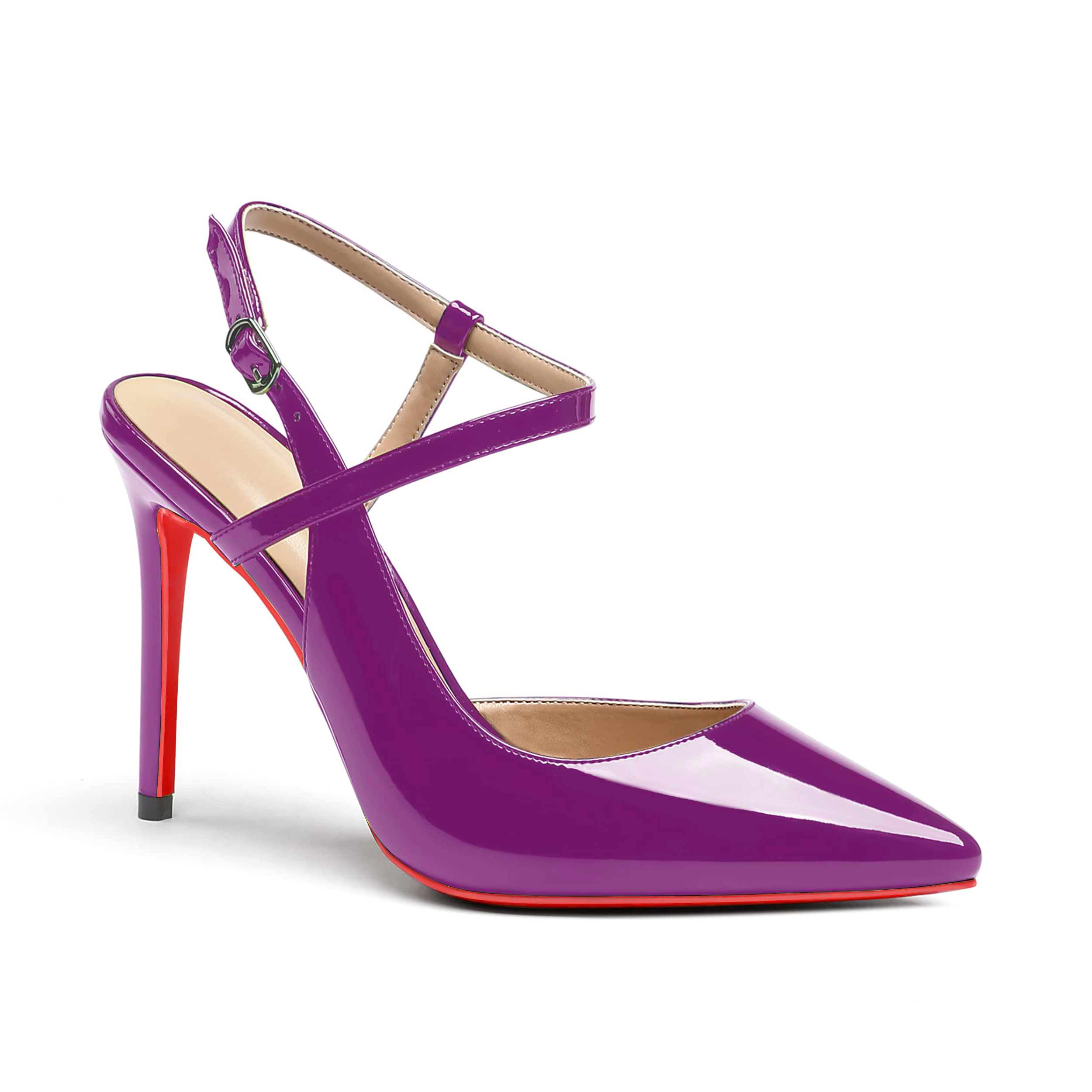 100mm Women Slingback Patent Pumps Ankle Strap Jenlove Stiletto Mid Heel Close Pointed Toe Dress Red Bottoms Shoes VOCOSI James Yang