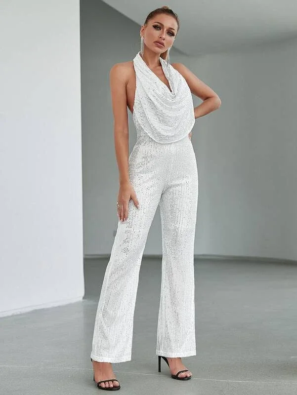 Double Crazy Draped Front Halter Neck Backless Sequin Jumpsuit