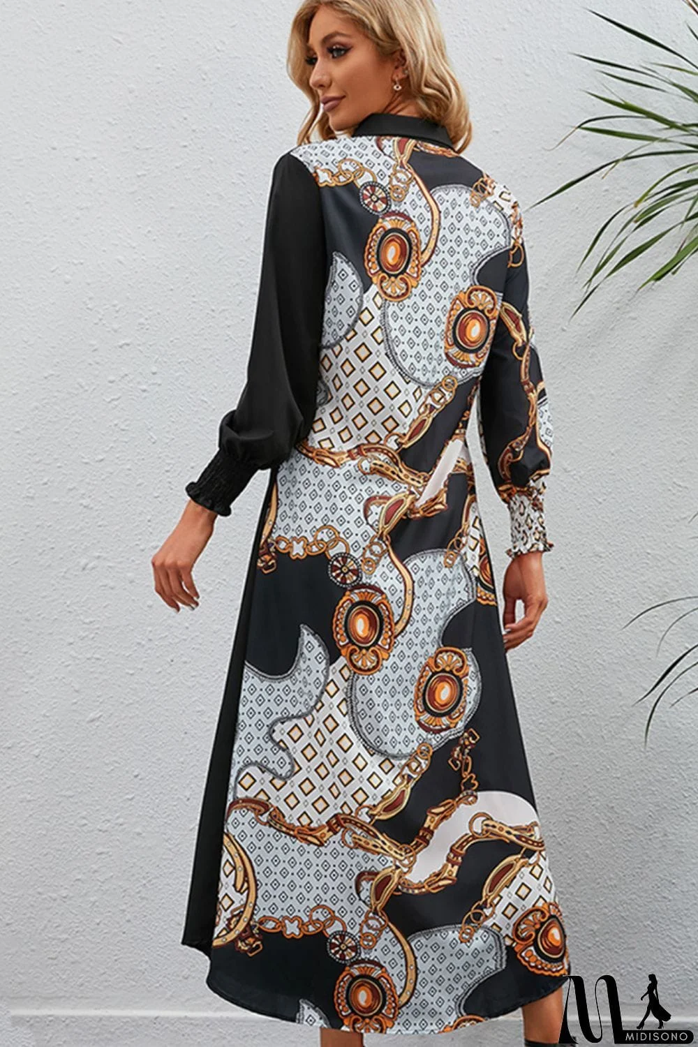 MidiSono - Printed Long Sleeve Collared Dress