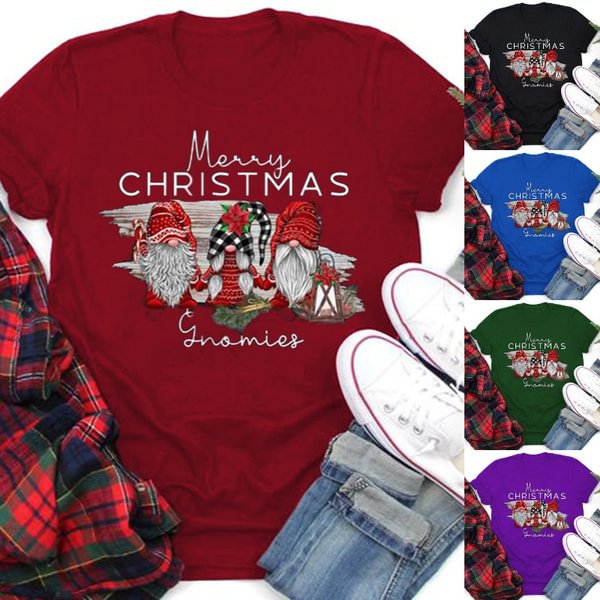 MERRY CHRISTMAS T Shirt Women Fashion Cute Gnomies Printed O Neck Top Casual Loose Short Sleeves Tee Family Festival Funny Graphic Pullover Top - Shop Trendy Women's Clothing | LoverChic