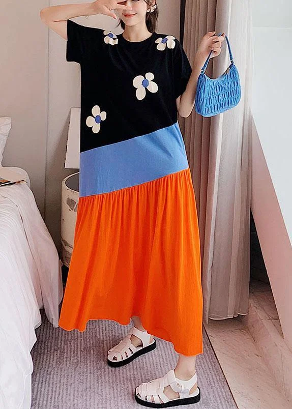 Simple Black Patchwork Print Summer Casual Holiday Dress Short Sleeve