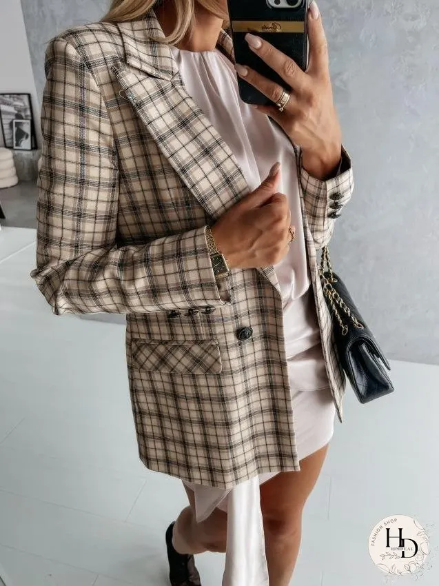 Blazers Lapel Check Pocket Button Blazer for Women