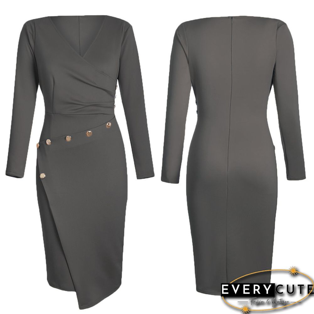 Asymmetric Button Detail Cobalt Dark Gray Ruched Midi Dress