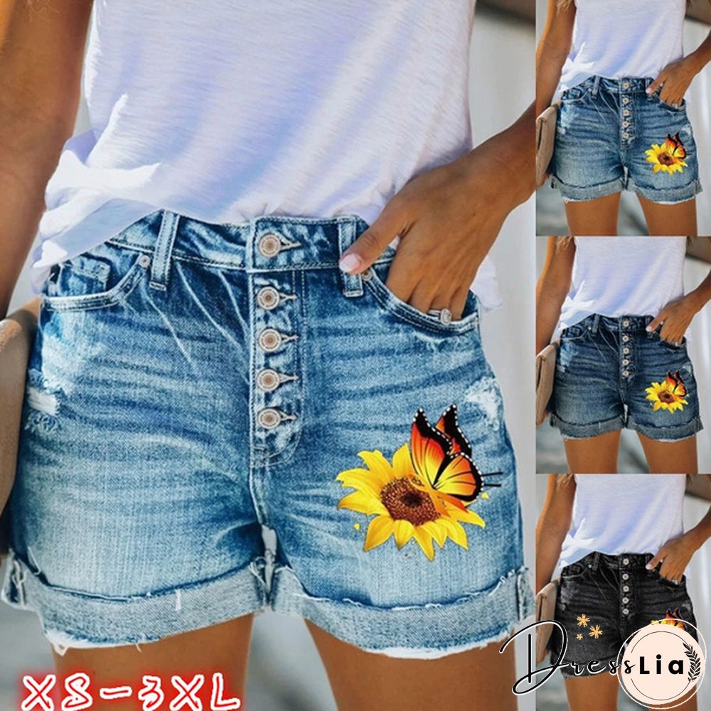 4 Summer Women Hot Shorts Sunflower Butterfly Print Denim Shorts Skinny Jeans Shorts