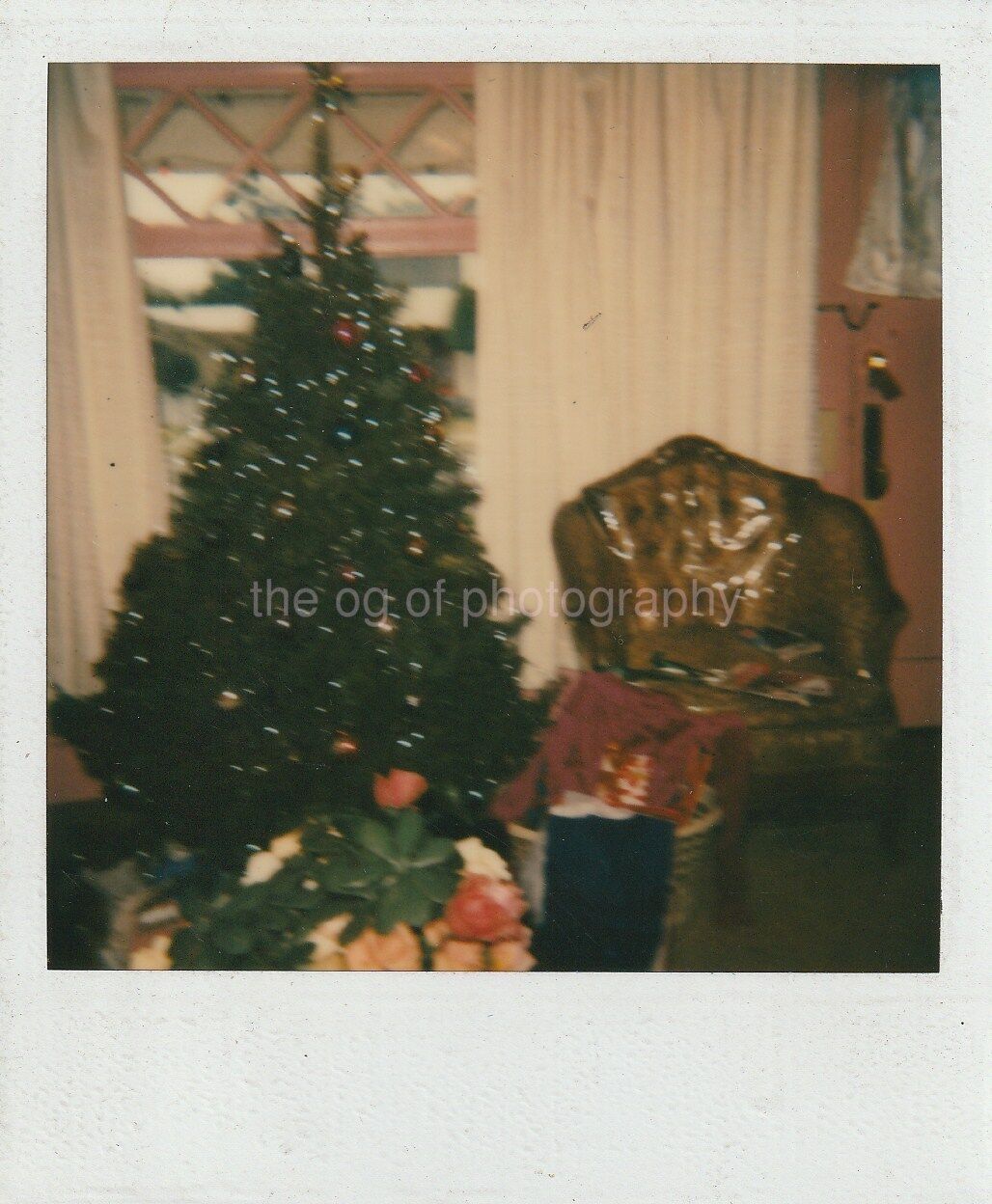 CHRISTMAS TREE Vintage POLAROID Found Photo Poster paintingOriginal COLOR 91 5 W