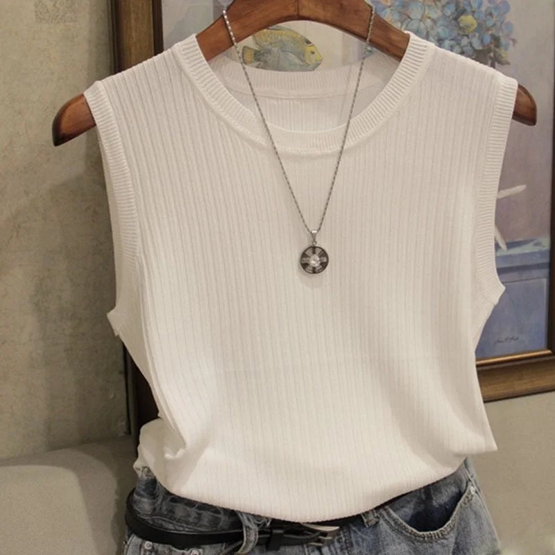 Summer O-neck Solid Casual Tank Fashion Female Sleeveless Thin Tops Knitted Vests Women Top Blusas Mujer De Moda 2021 4588 50
