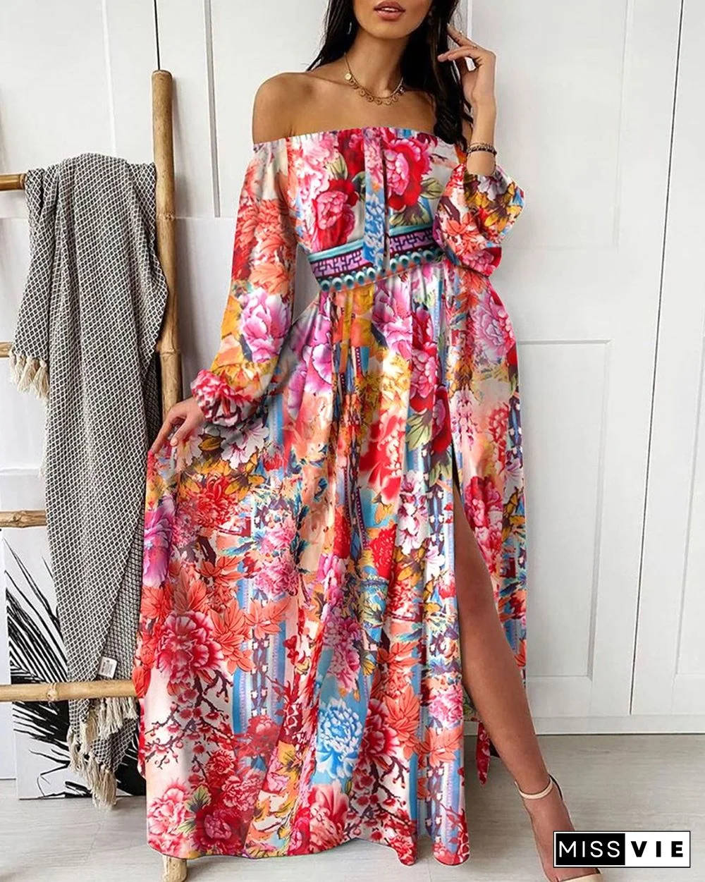 V-neck Pullover Vintage Large Swing Split Print Dress