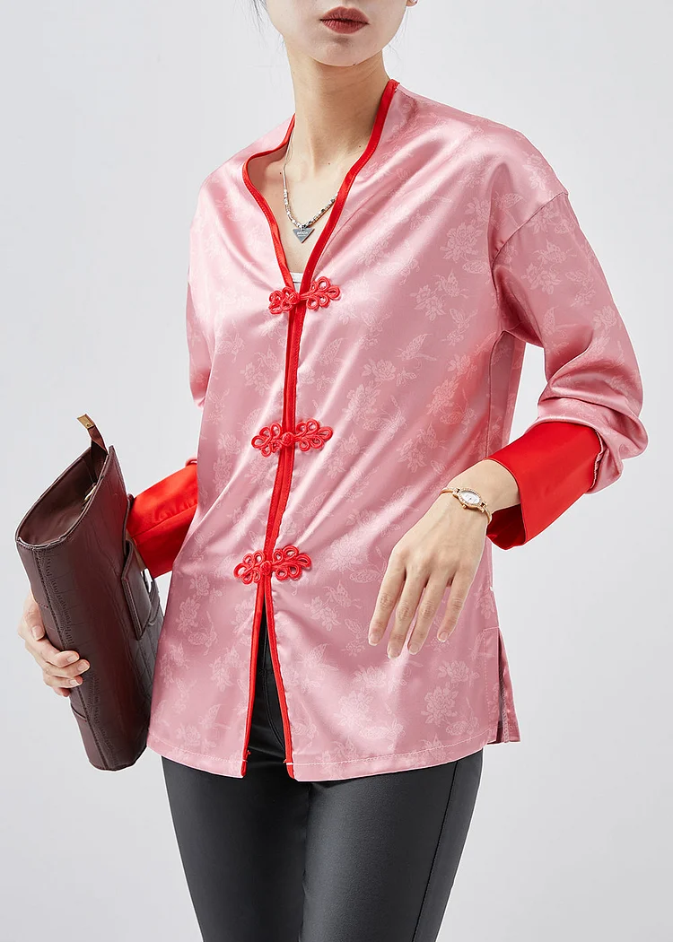 Italian Pink V Neck Patchwork Chinese Button Silk Shirt Top Spring