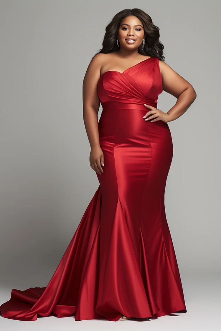 Xpluswear Design Plus Size Formal Elegant Red Oblique Collar Mermaid Satin Maxi Dresses [Pre-Order]