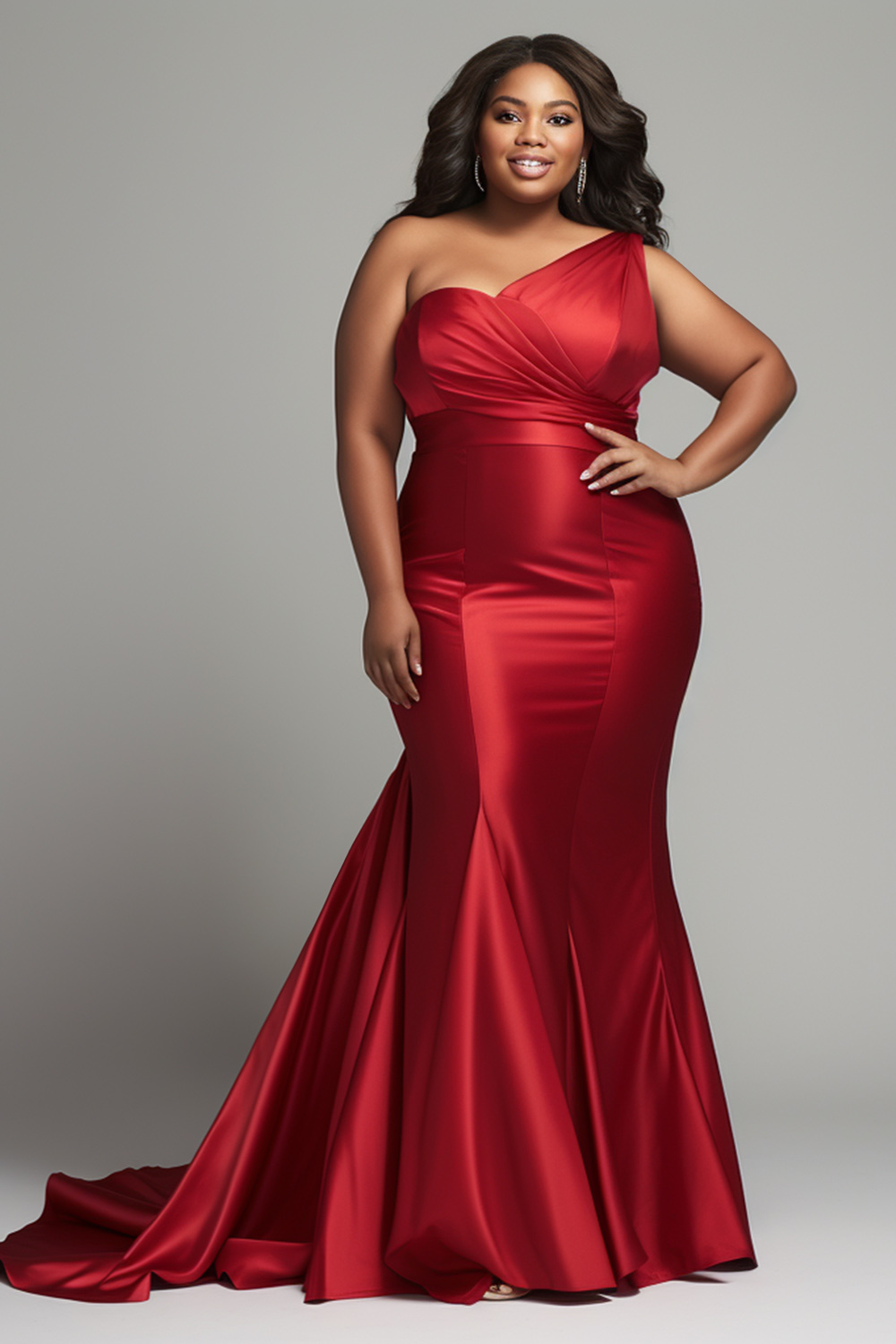 Design Plus Size Formal Elegant Red Oblique Collar Mermaid Satin Maxi Dresses [Pre-Order]