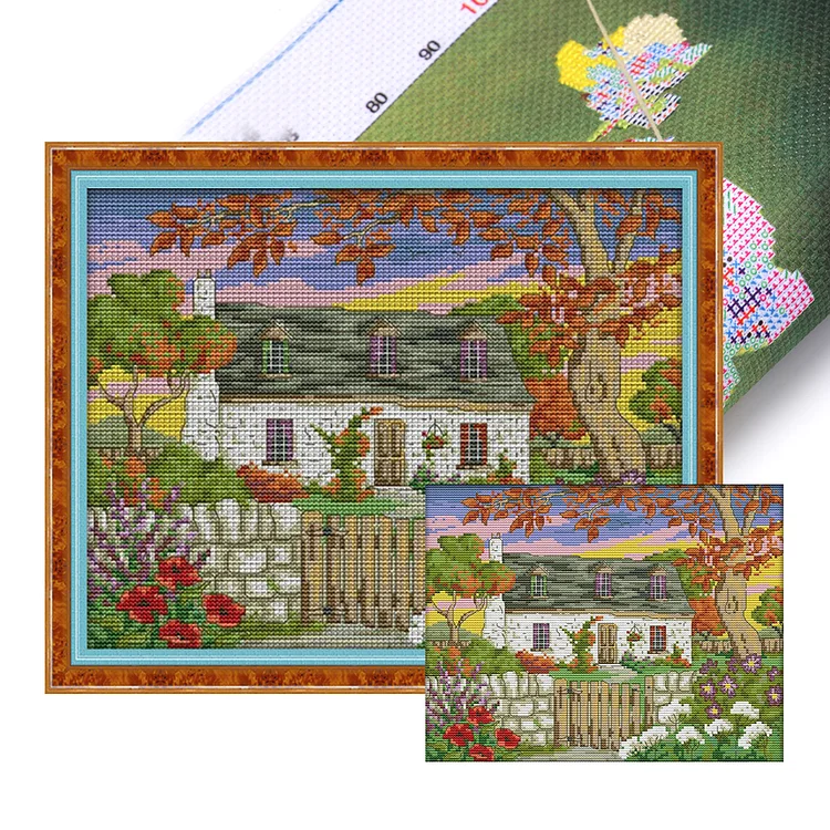 Joy Sunday-Autumn Colors In The Courtyard (33*28cm) 14CT Stamped Cross Stitch gbfke