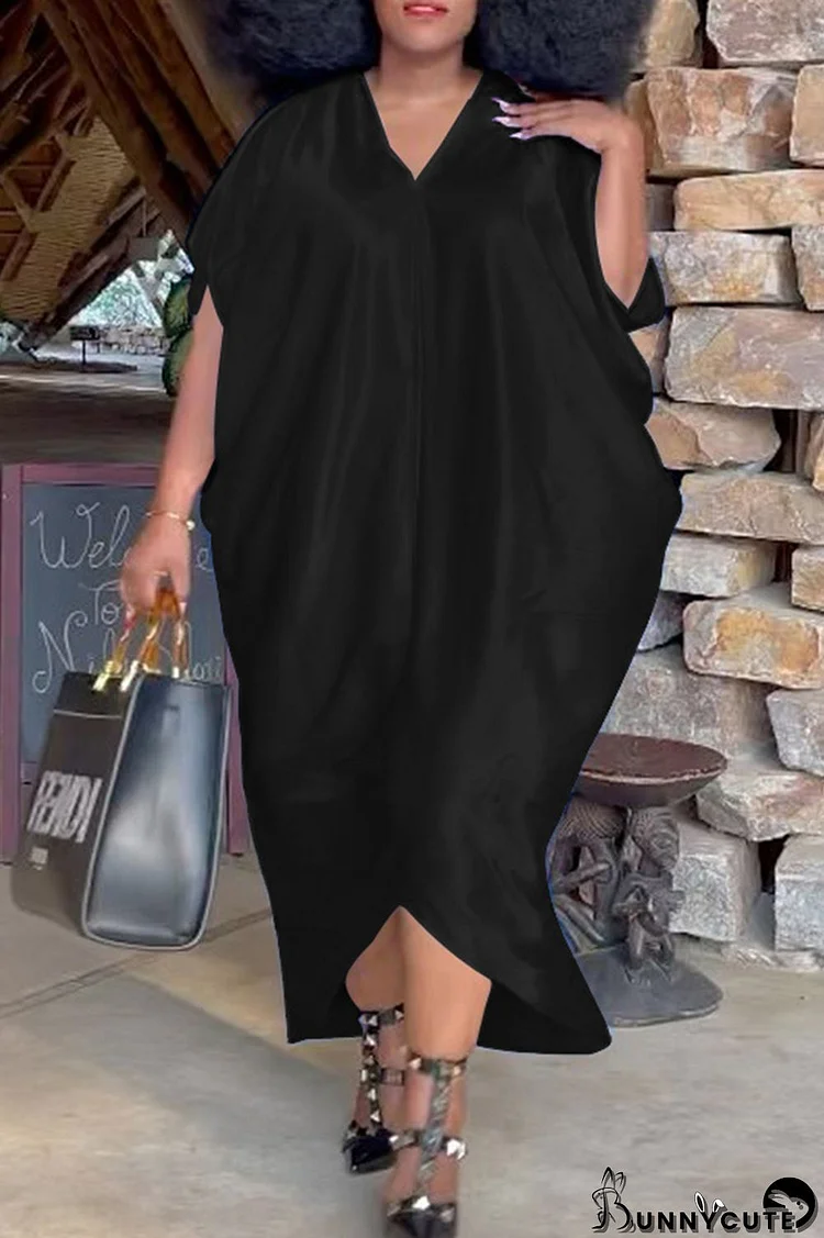 Black Fashion Casual Plus Size Solid Asymmetrical V Neck Short Sleeve Dress