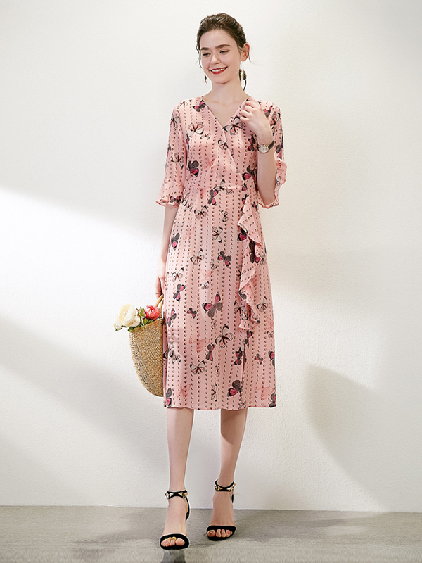 Robe en soie à imprimé papillon et bordure à volants- SOIE PLUS