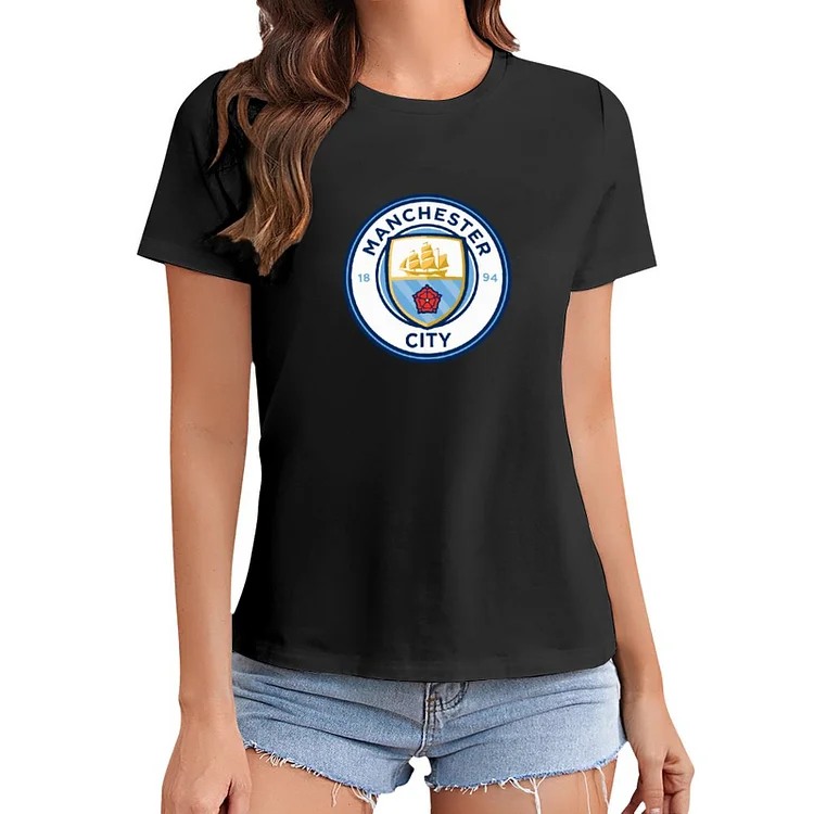 Manchester City White Letters T-Shirt À Col Rond À Manches Courtes Gildan Pour Femme