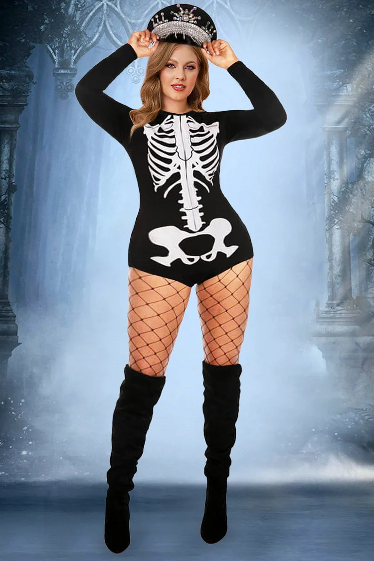 Xpluswear Design Plus Size Halloween Costume Black Skeleton Print Long Sleeve Knitted Bodysuit（Ships 24h）
