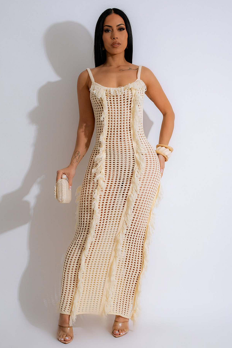 Hollow Out Knit Fringed Trim Backless Cover Ups Slip Maxi Dresses-Beige