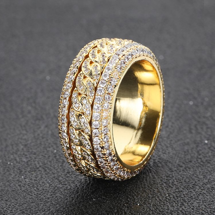 Shining Spinner Cubic Zirconia Paved Rotatable Cuban Ring