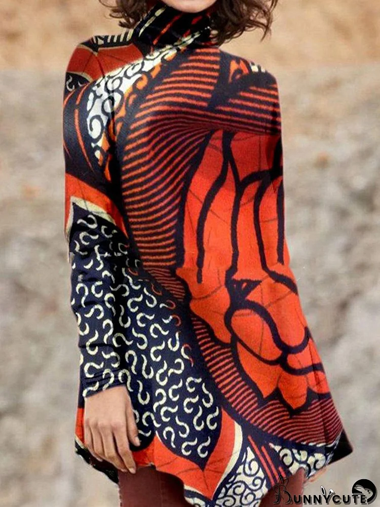 Women Long Sleeve Turtle Neck Asymmetrical Printed Graphic Tops