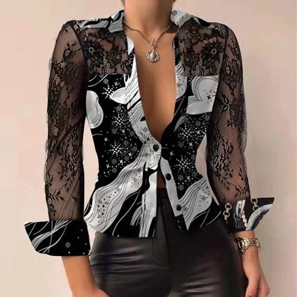 Jangj Casual Lace Patchwork Button Shirt Blouse Woman Spring Summer Print Long Sleeve Shirts For Women 2022 Fall Slim Office Top Femme