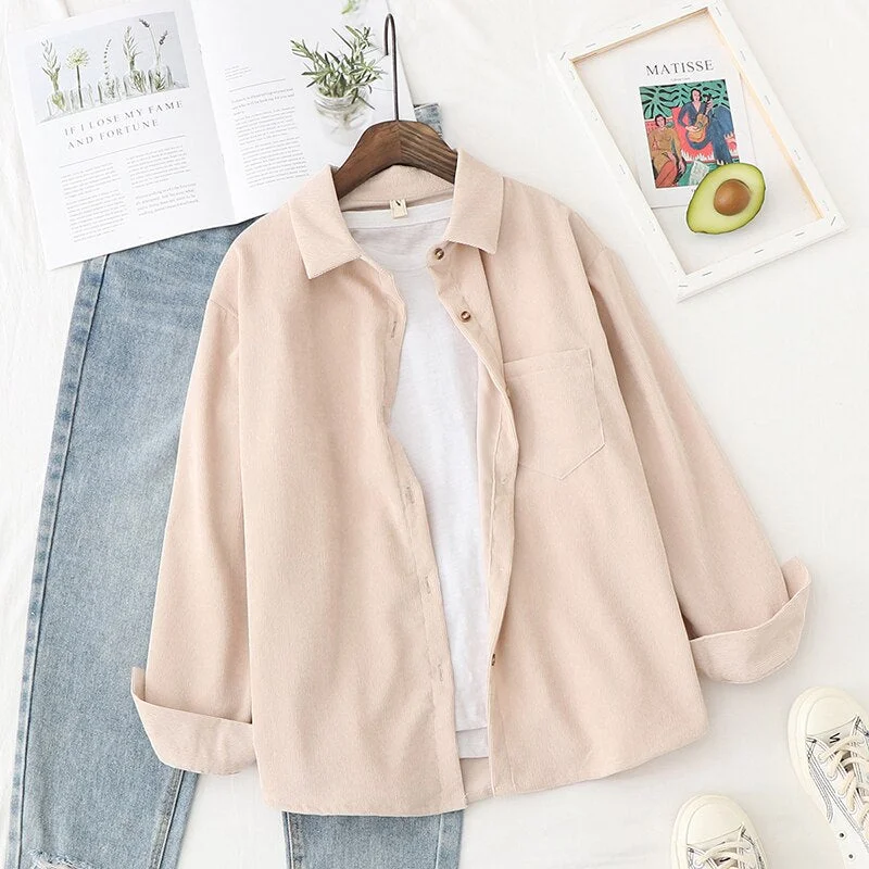 Corduroy Shirt Women 2021 New Lady Loose Casual Long Sleeve Blouses and Tops Simple Solid Color Blouse Office Female Clothes