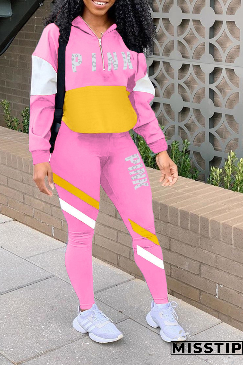 Light Pink Casual Print Patchwork Zipper Collar Long Sleeve Two Pieces