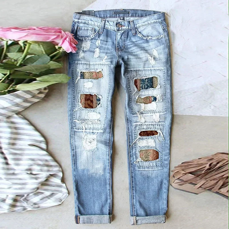Stretch Ripped Frayed Raw Hem Distressed Denim Jeans with Holes and Pockets Floral, Coffee