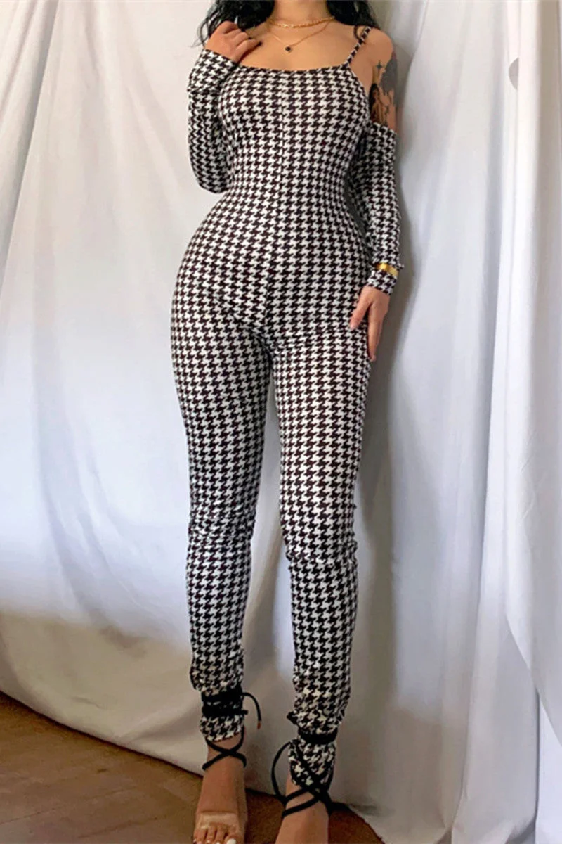 Fashion Sexy Print Backless Square Collar Skinny Jumpsuits