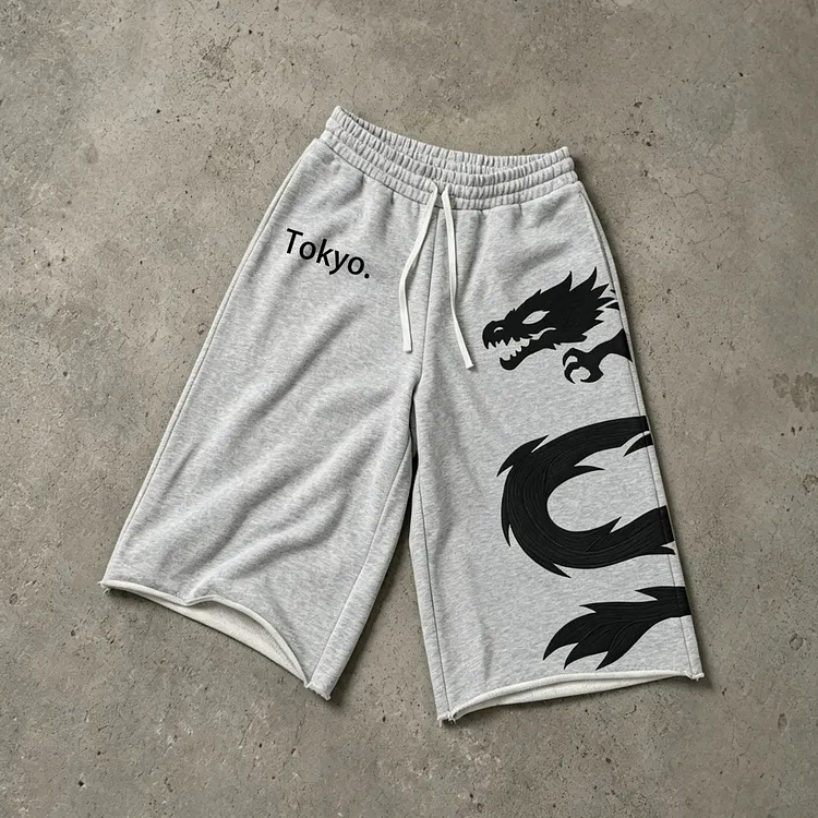 Retro Tokyo Dragon Print Drawstring Sweatpants