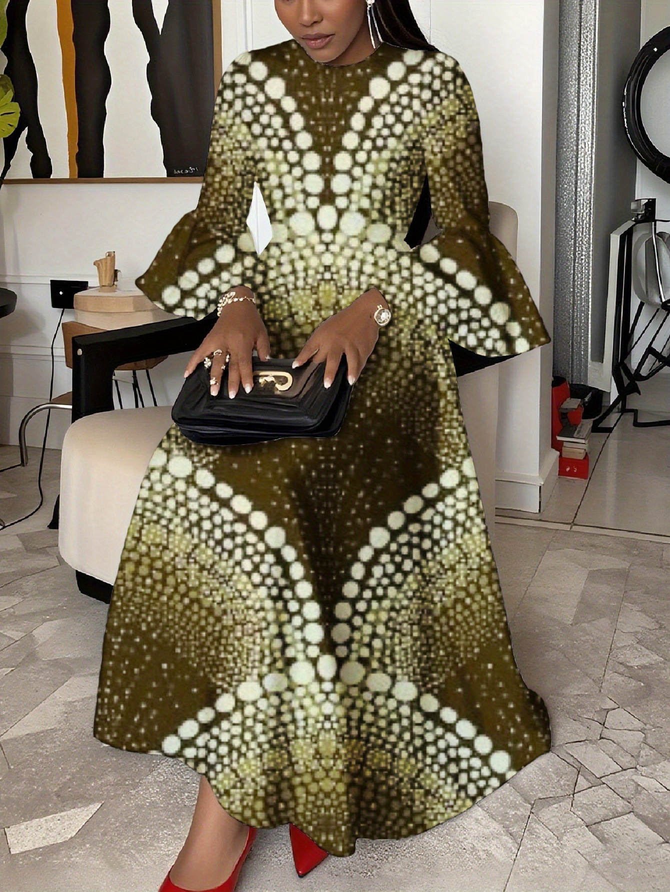 Plus Size, Women's Elegant Mermaid-Fit Flared Bell Sleeve Maxi Dress - Olive Green & White Circular Print A-Line Party Wedding Guest Dress, Long Sleeve -Length Gown, Machine Washable Year-Round Formal Attire | IFYHOME