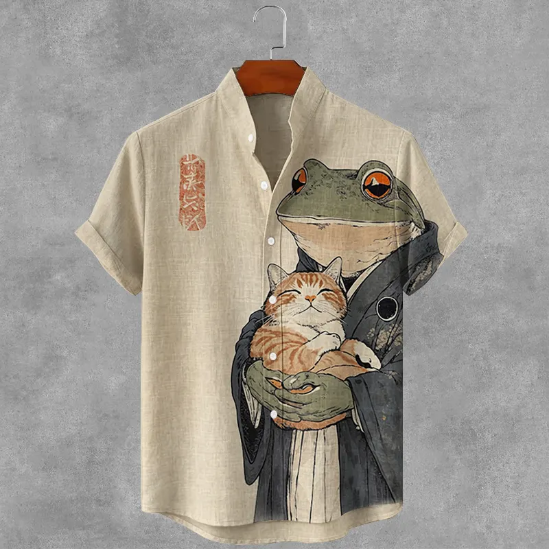 Vintage Japanese Cat And Frog Art Casual Cotton Linen Shirt  artssus
