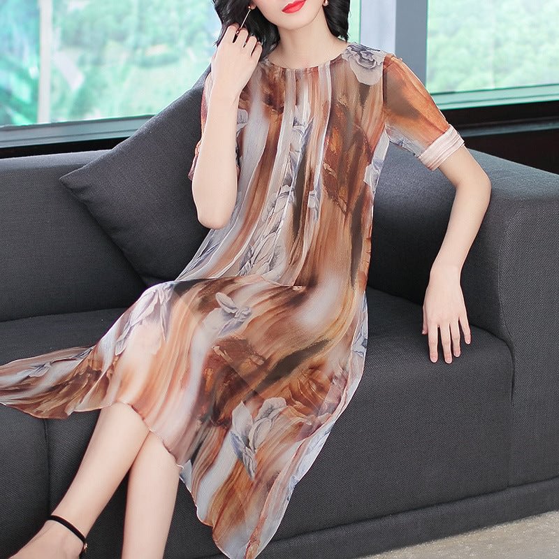 Summer Retro Printed Dress Women's Mulberry Silk Loose Mid-length Fashion
