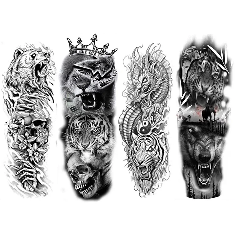 4 Sheets Extra Large Full Arm Temporary Tattoos - Black Lion Dragon Tiger Owl Bear Skull Hand Wolf Card Taichi Flower For Men